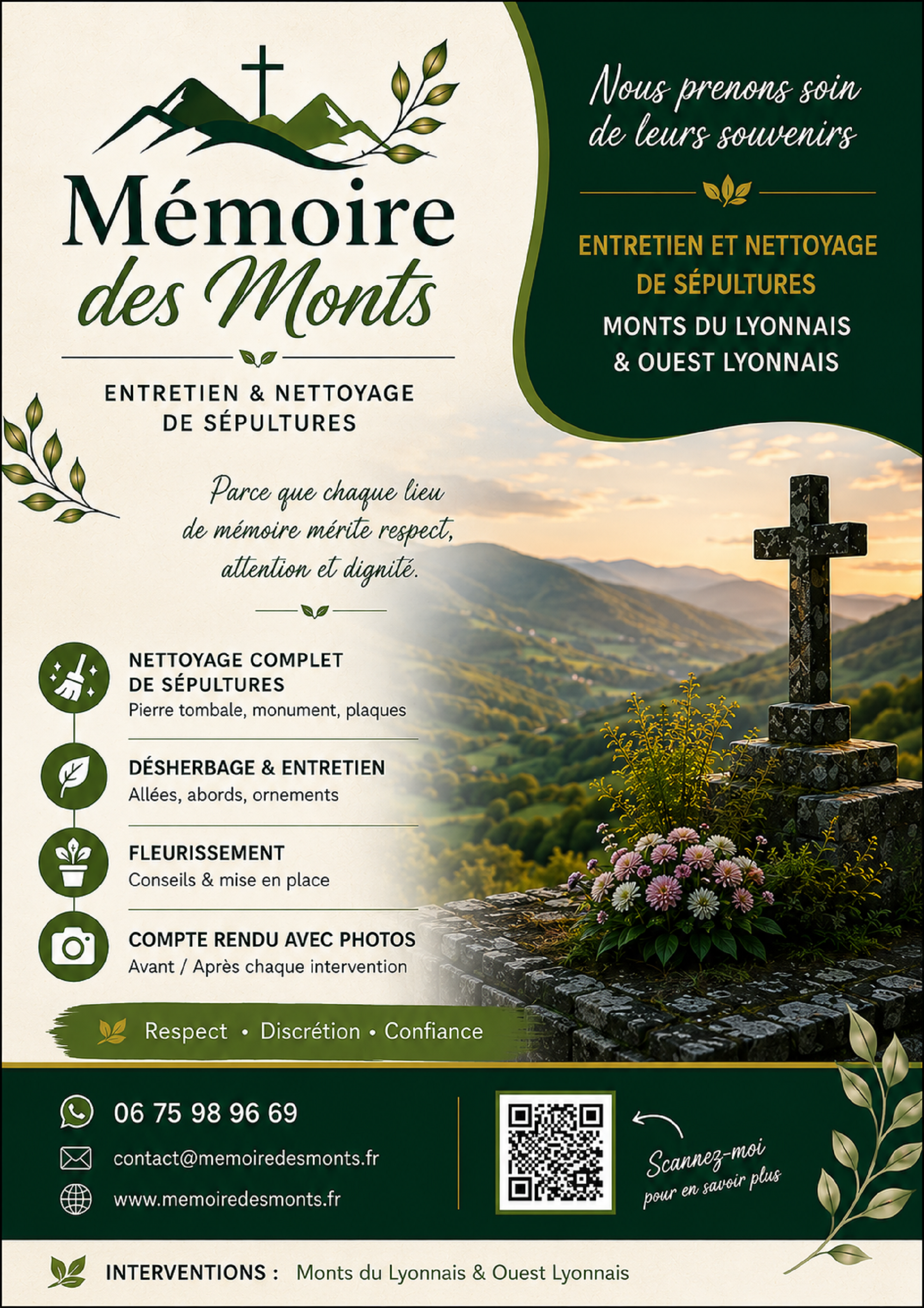 croix et tombe dans un paysage de vallons, évoquant la mémoire et l’entretien des sépultures.